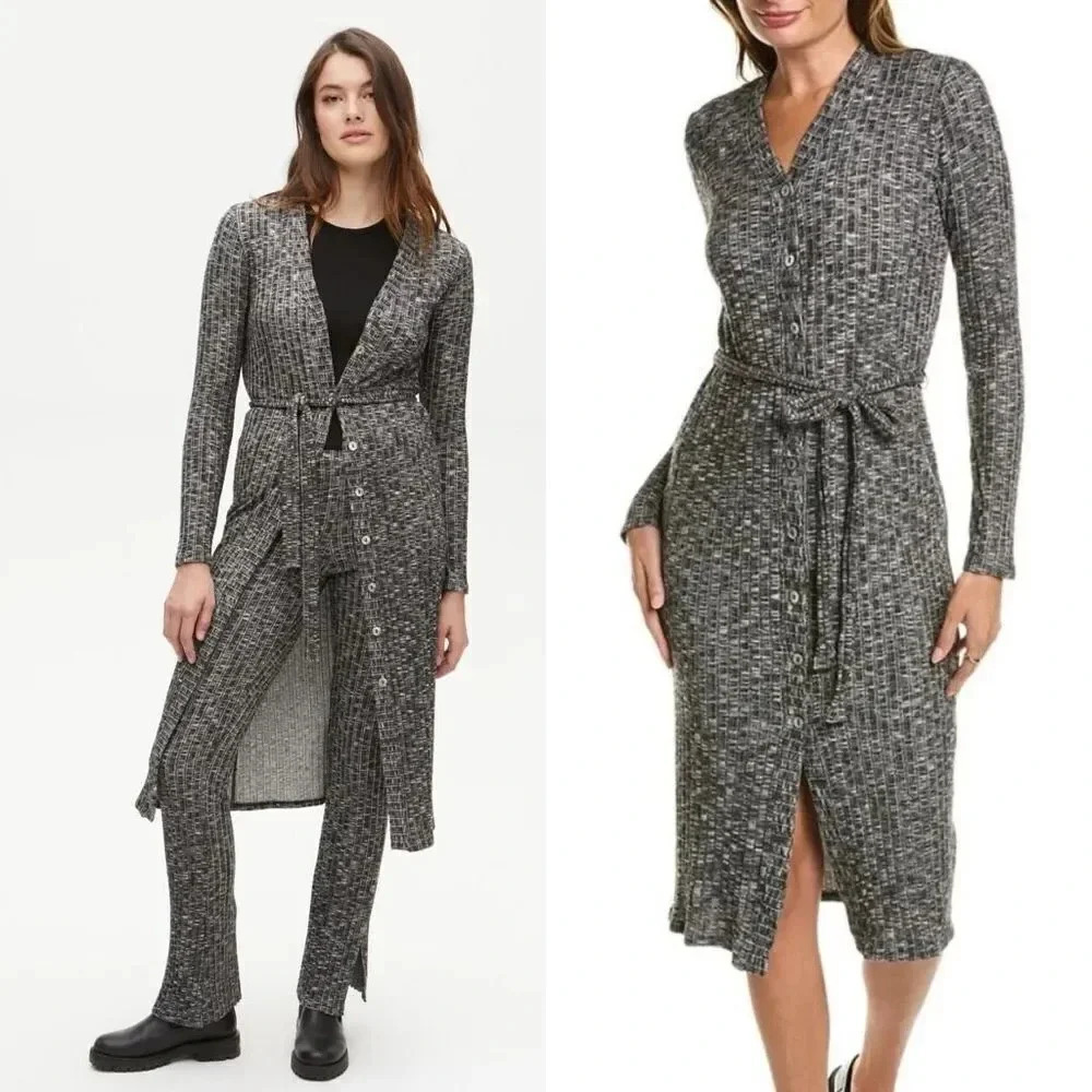 Michael Stars Duster Cardigan Midi Wrap Dress 2X Button Front Ribbed Black Gray